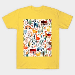 Cute cottagecore pattern houses animals trees beautiful countryside pattern village pattern gifts T-Shirt